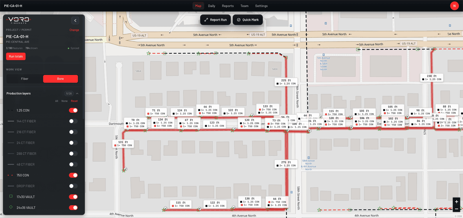 VORO project map with completed runs highlighted, planned bore segments dashed, and footage labels on every run