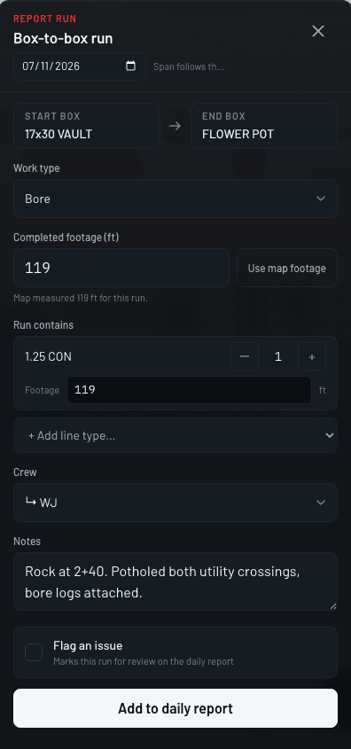 VORO box-to-box run editor showing footage, conduit, crew, notes, issue flagging, and remove controls